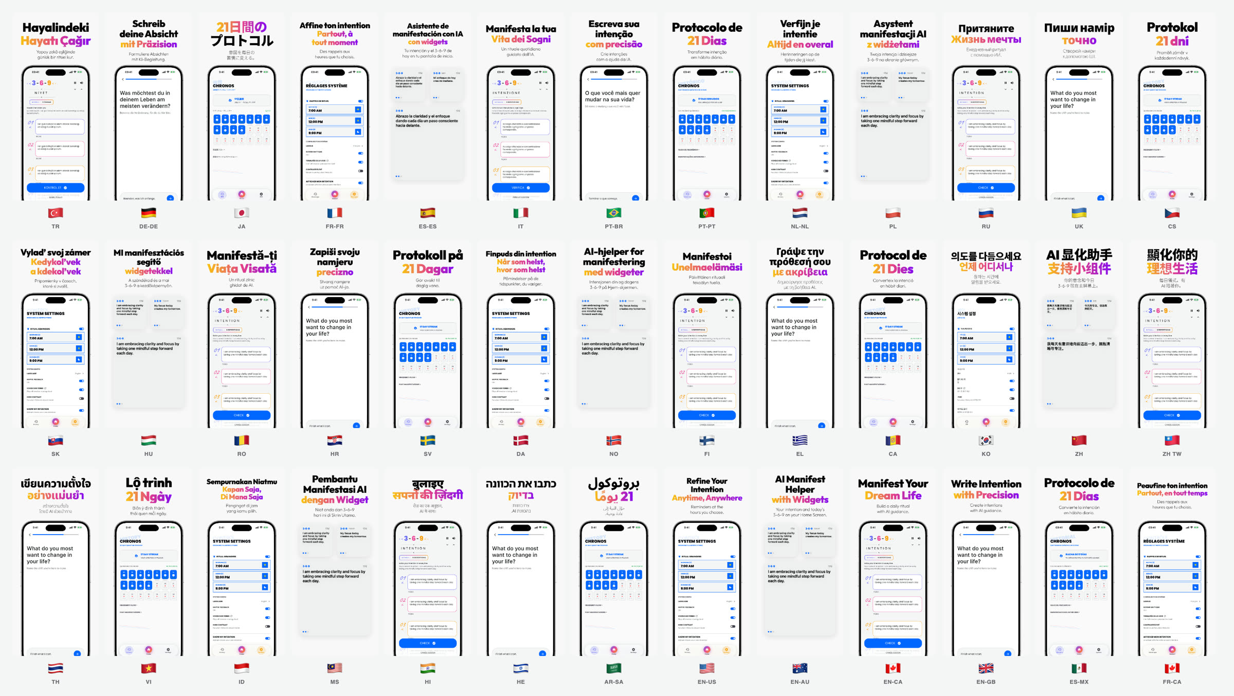 369 Zone App Store screenshots in 39 languages, from Turkish and Japanese to Hebrew and Arabic: the five screens (writing, the question, the 21-day calendar, reminders, widgets) spread across a wall of 39 phones, each with its country flag.