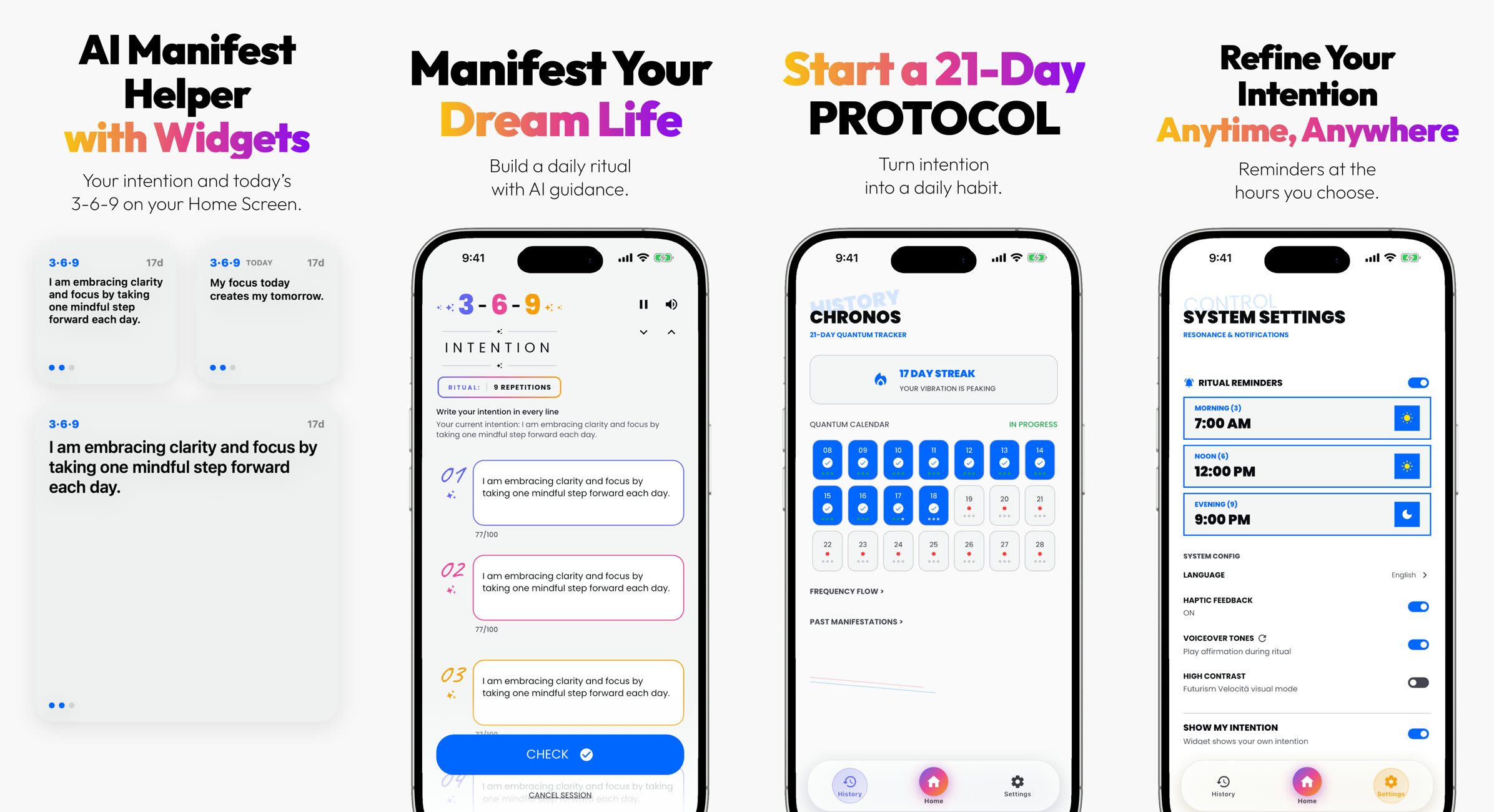 Four 369 Zone screens: Home Screen widgets, a writing session, the 21-day calendar and the reminder settings.