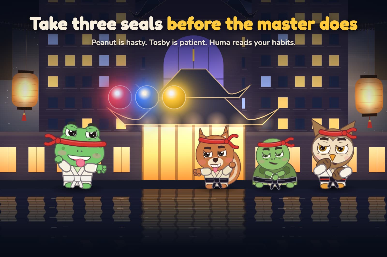 The three masters of the temple: a squirrel, a tortoise and an owl.