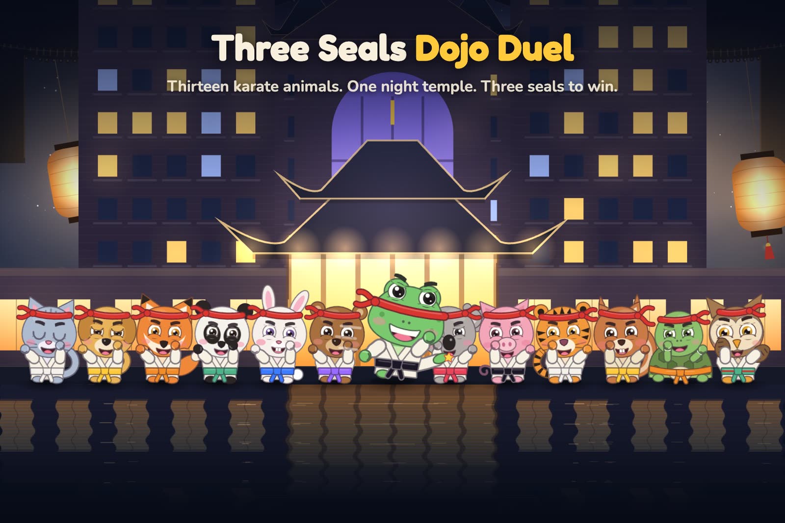 Thirteen karate animals in white uniforms lined up in front of the night temple.