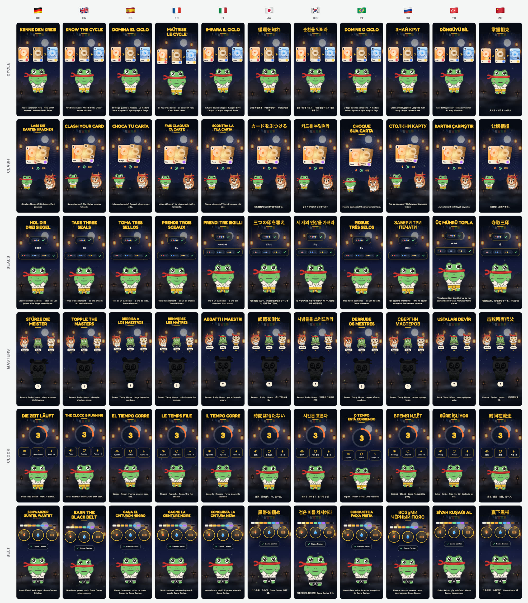 The six Three Seals store screenshots in eleven languages, from German and Japanese to Turkish and Chinese: one rule of the duel per row, one language per column, each column headed by its flag.