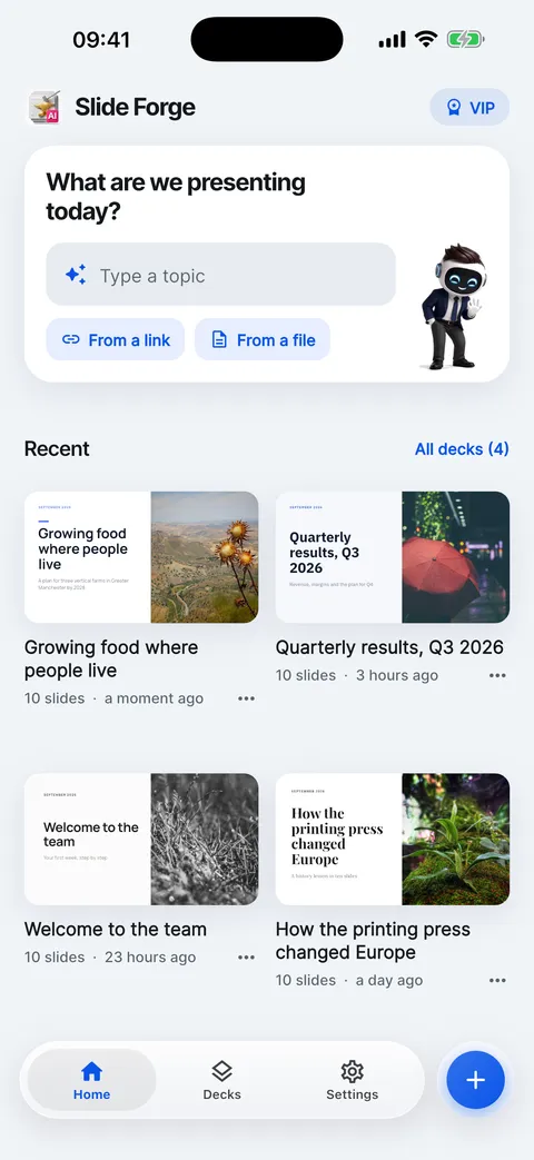 SlideForge start screen: What are we presenting today? with a topic field and recent decks.